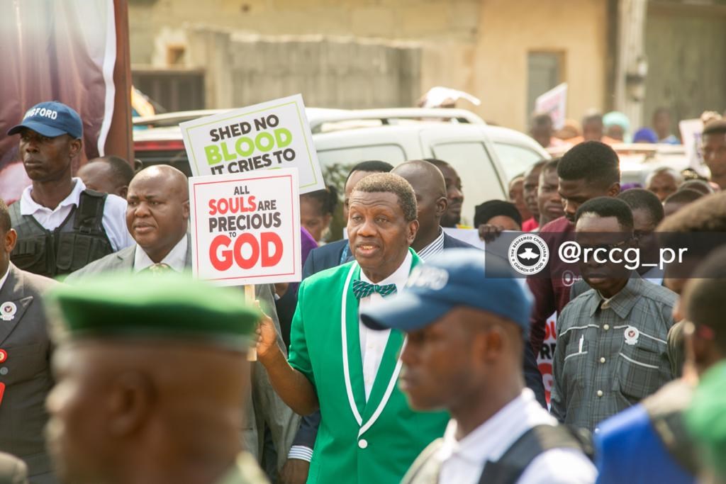 RCCG General Overseer Enoch Adeboye marches last Sunday.