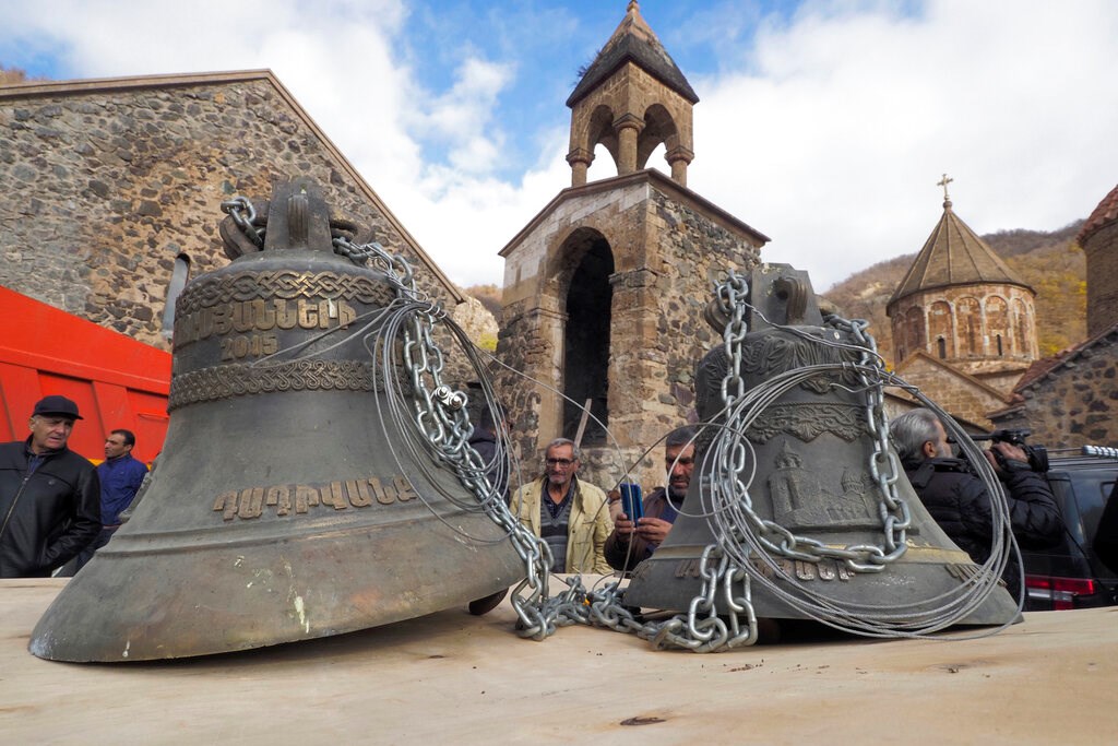 Bells removed from the Dadivank, an Armenian Apostolic Church monastery dating to the ninth century, as ethnic Armenians leave the separatist region of Nagorno-Karabakh to Armenia on Nov. 14.