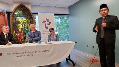 Pak Yahya (right) and Thomas K. Johnson (middle) speak at a July 2019 side event to the Second Ministerial in Support of Religious Freedom in Washington DC.