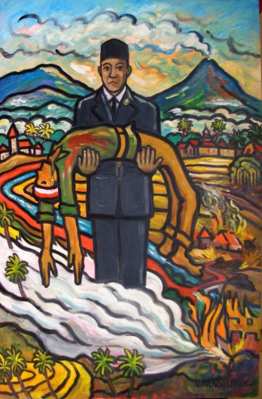 "Sri Ayati's Legacy" embodies Muslim-Christian friendship by depicting Sukarno, the leader of Indonesia's fight for independence, holding the dead body of a fallen Christian comrade.