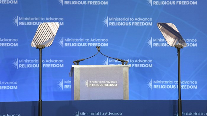 Image: Ralph Alswang / US State Department - The podium at last year's religious freedom ministerial stage in DC. This year's IRF conference was virtually hosted by Poland.