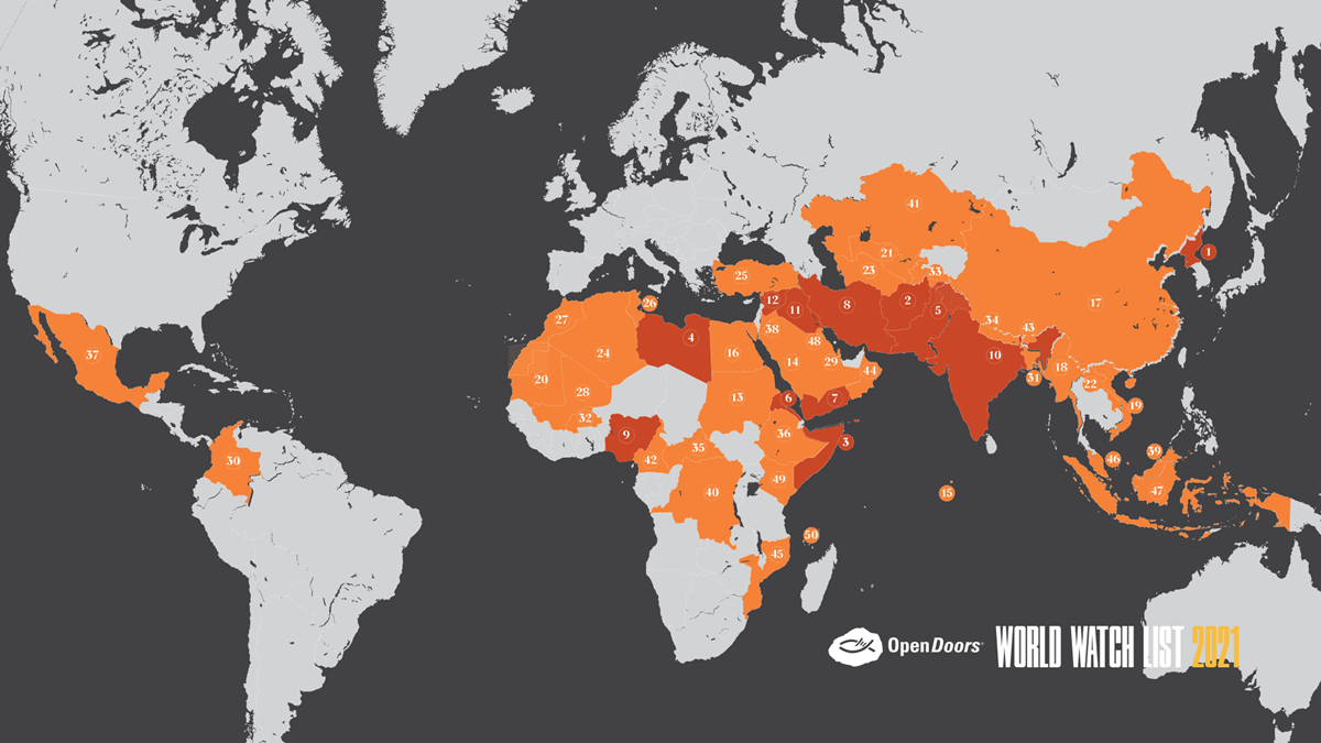 Map of the 50 countries where persecution of Christians is worst.