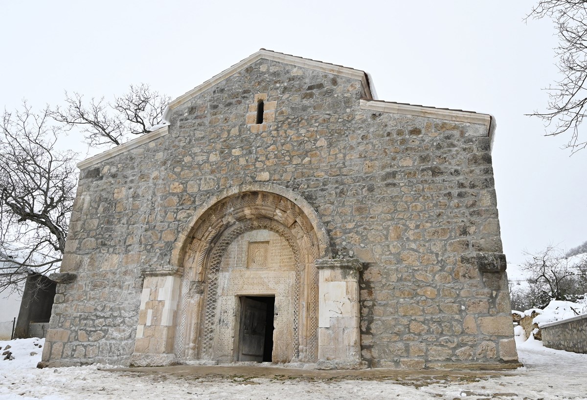 St. Astvatsatsin Church in Nagorno-Karabakh during March 2021 visit by Azerbaijan President Ilhan Aliyev.