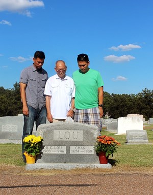 (L-R) Baldwin Chiu, Charles Chiu and Edwin Chiu in Far East Deep South pay their respects to Charles’ father, KC Lou, and his grandfather, Chas J. Lou at the New Cleveland Cemetery in Cleveland, MS.
