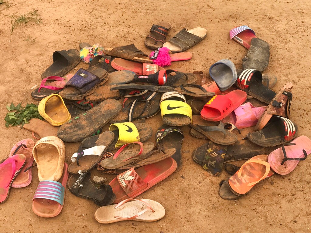 Flip flop sandals belonging to students of Bethel Baptist High School following an attack by gunmen in Damishi Kaduna, Nigeria, on July 6. Flip flop sandals belonging to students of Bethel Baptist High School following an attack by gunmen in Damishi Kaduna, Nigeria, on July 6.