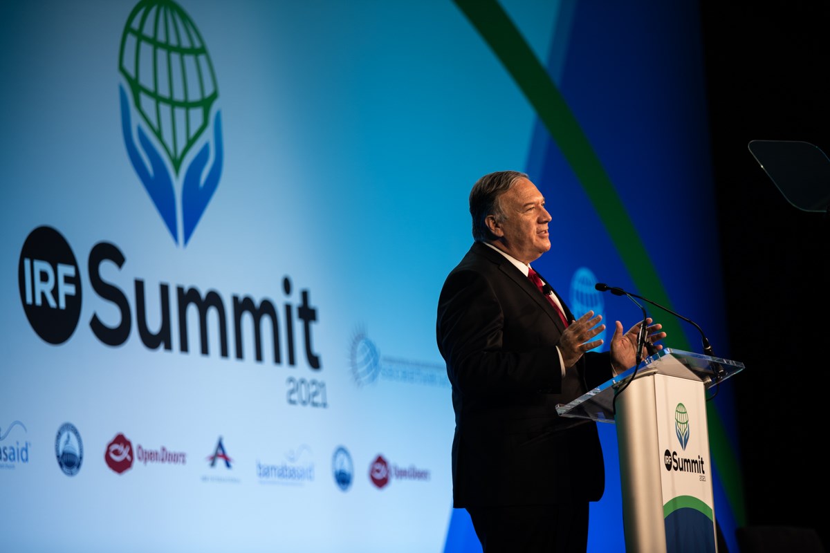 Former Secretary of State Mike Pompeo speaks at the 2021 International Religious Freedom Summit in Washington. Former Secretary of State Mike Pompeo speaks at the 2021 International Religious Freedom Summit in Washington.