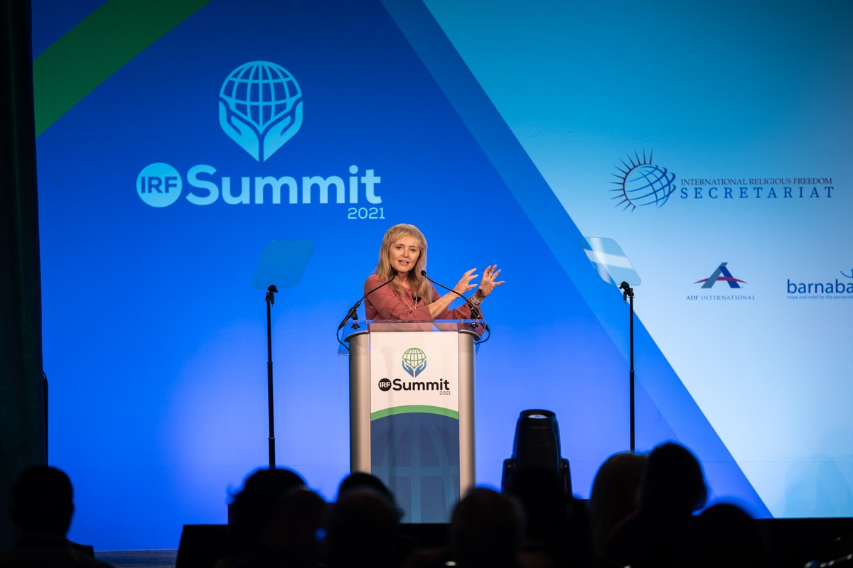 Katrina Lantos Swett speaks at the 2021 International Religious Freedom Summit in Washington. Katrina Lantos Swett speaks at the 2021 International Religious Freedom Summit in Washington.
