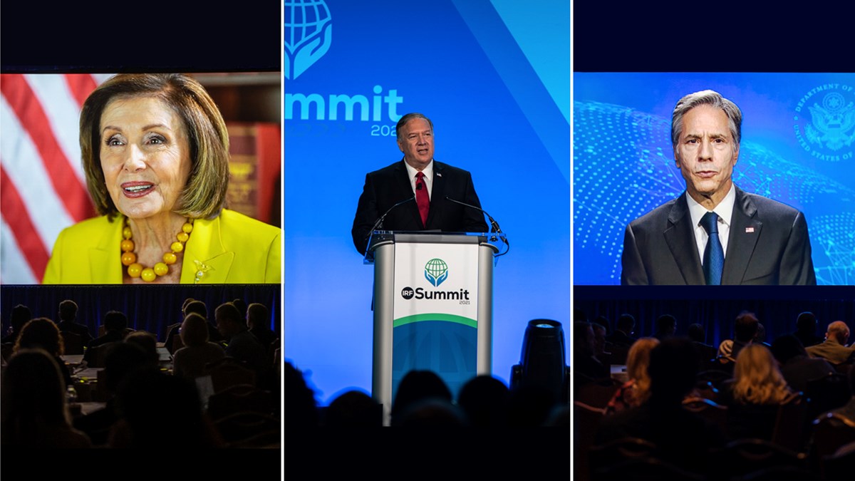 Speaker of the House Nancy Pelosi, former Secretary of State Mike Pompeo, and current Secretary of State Antony Blinken address the 2021 International Religious Freedom Summit in Washington.