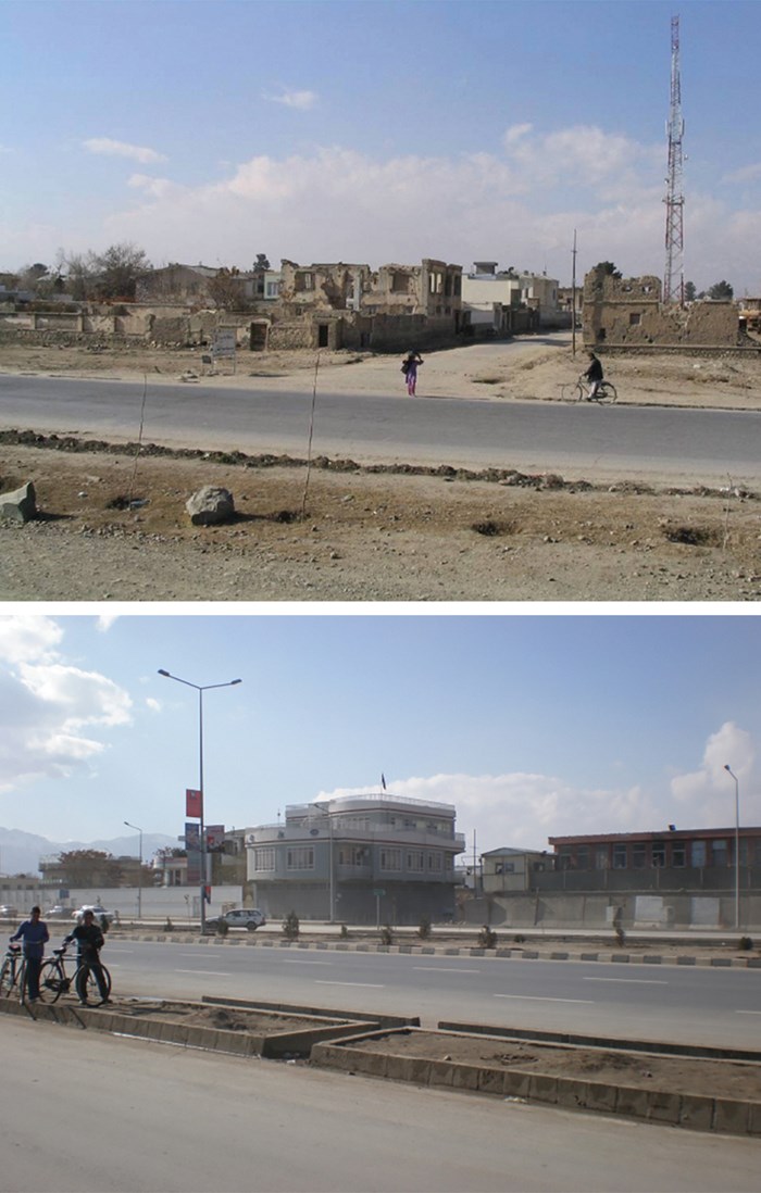 A street in Kabul near the Loewens’ house when they arrived in 2003 (top) and rebuilt 10 years later (bottom).
