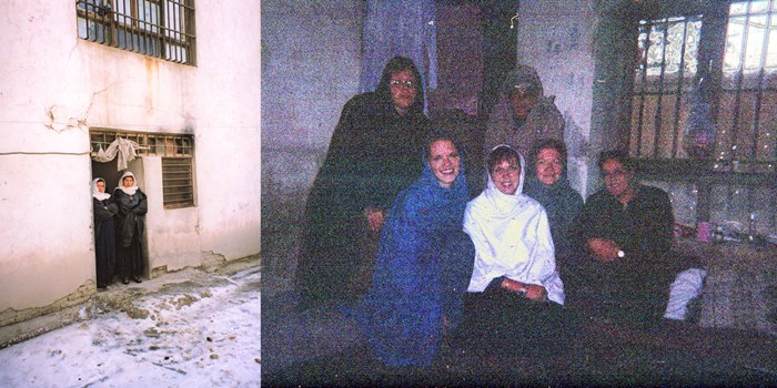 The group of women who were held by the Taliban (right) and their prison wardens (left).