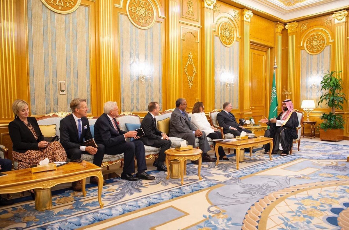 Crown Prince Mohamed bin Salman (right) hosts a delegation of American evangelicals in the Royal Court in Jeddah in September 2019.