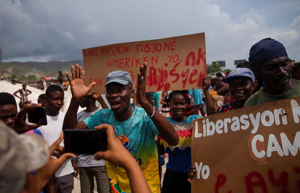 Haitians protest for the release of kidnapped missionaries near the Christian Aid Ministries headquarters in Titanyen, north of Port-au-Prince, Haiti, on Tuesday, October 19, 2021. Haitians protest for the release of kidnapped missionaries near the Christian Aid Ministries headquarters in Titanyen, north of Port-au-Prince, Haiti, on Tuesday, October 19, 2021.