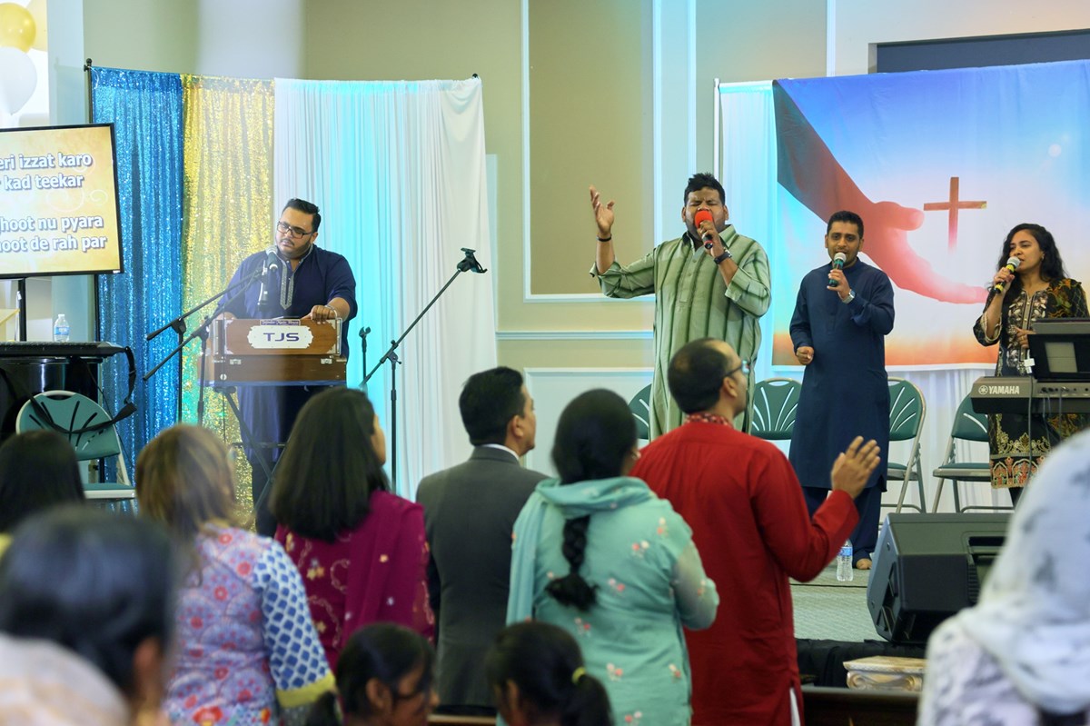 A choir sings Punjabi psalms at a Zabur celebration event on August 7, 2021, at Trinity International Christian Church in Philadelphia, Pennsylvania.