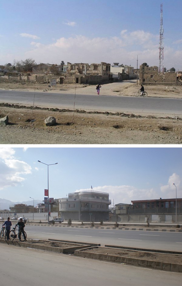 Sebuah jalan di Kabul dekat rumah keluarga Loewens ketika mereka tiba pada 2003 (atas) dan dibangun kembali 10 tahun kemudian (bawah).