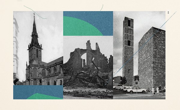 St. Anna’s Church in Düren, Germany before (left) and after (middle) it was destroyed during a 1944 Allied airstrike. It was later rebuilt (right) by Rudolf Schwarz with the rubble of its medieval predecessor. 