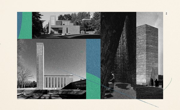 The Chapel of St. Ignatius in Seattle (top left), the First Christian Church in Columbus, Indiana, designed by Eliel Saarinen (bottom left), and the inside and outside of Peter Zumthor’s Bruder-Klaus Field Chapel in northern Germany (right).