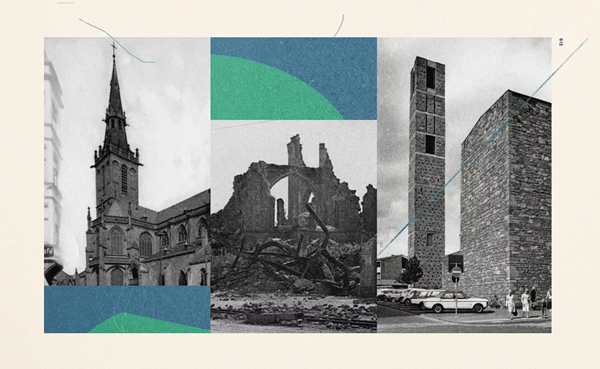 德國杜倫的聖安娜教堂在1944年盟軍空襲中被摧毀之前（左）和之後（中）的情況。後來，魯道夫·施瓦茨用那被毀的中世紀建築的瓦礫重建了它（右）。