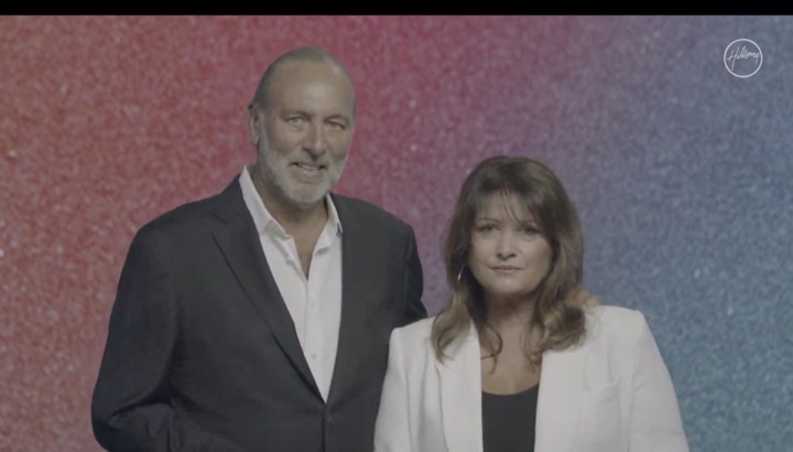 Brian and Bobbie Houston in a screenshot of a Jan. 30 video announcing his extended leave of absence from leadership of Hillsong, the global megachurch the couple founded.