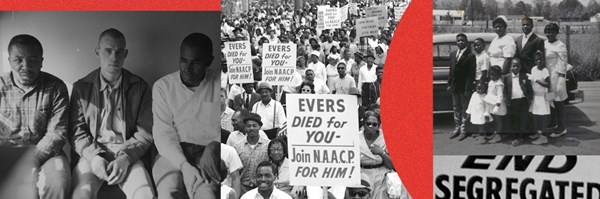 Left: Perkins arrested after protest in 1970 Middle: Medgar funeral march in 1961 Right: The Perkins Family in 1960 