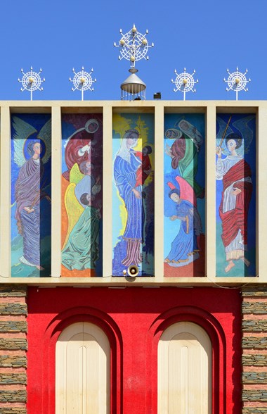 The facade of Enda Mariam Coptic Cathedral of the Eritrean Orthodox Tewahedo Church, in Asmara, Eritrea.