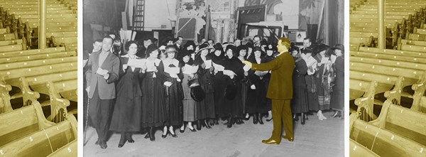 Homer Rodeheaver training chorus girls. Homer Rodeheaver training chorus girls.
