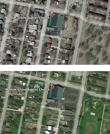 Watson Grove church in 2003 (top) before the expansion of its parking lot (below) Watson Grove church in 2003 (top) before the expansion of its parking lot (below)