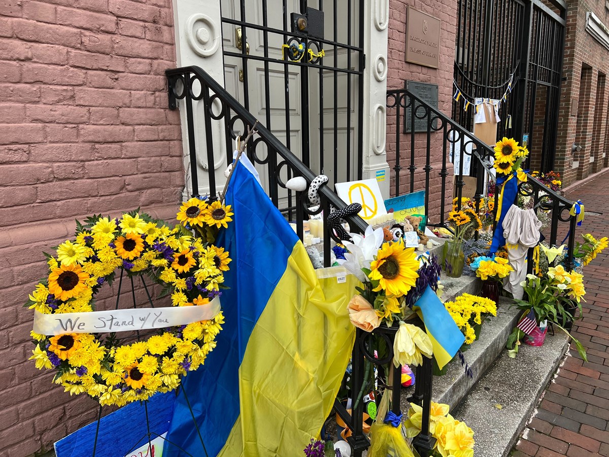 Signs of support placed in front of the Ukrainian Embassy in Washington DC on March 24, 2022.