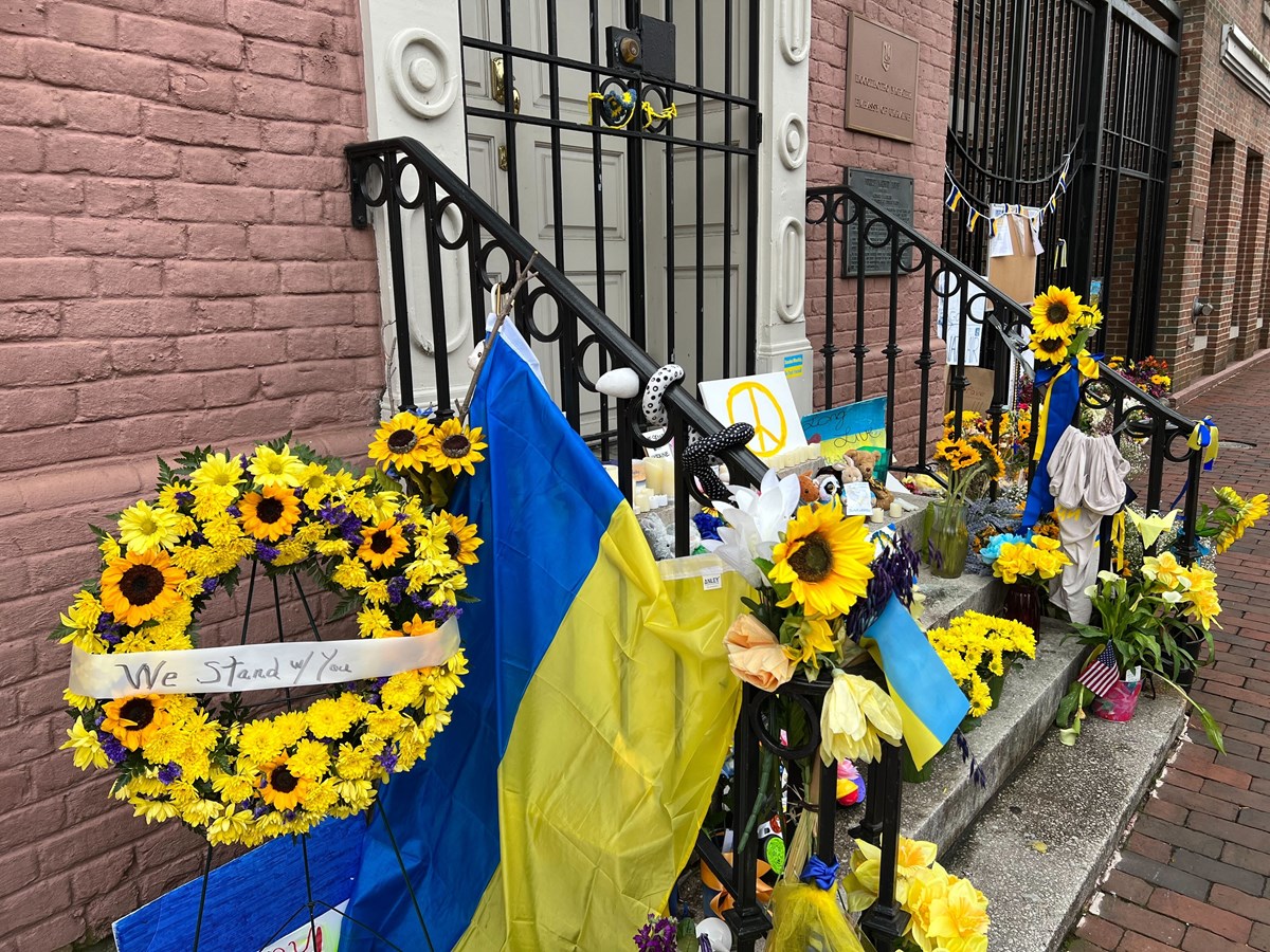 Signs of support placed in front of the Ukrainian Embassy in Washington DC on March 24, 2022. Signs of support placed in front of the Ukrainian Embassy in Washington DC on March 24, 2022.