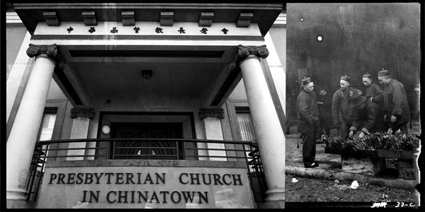 Left: Presbyterian Church in Chinatown, San Francisco, started in 1853 by four Chinese Christian merchants. Right: A lily vendor in Chinatown between 1896 and 1906.