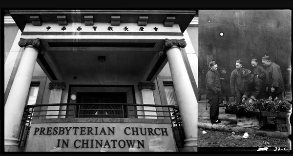 左:創建於1853年的三藩市中華基督教長老會;右:1896-1906年間舊金山唐人街的花店 左:創建於1853年的三藩市中華基督教長老會;右:1896-1906年間舊金山唐人街的花店