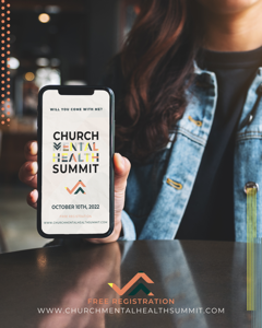 woman holding phone with Church Mental Health Summit info on screen
