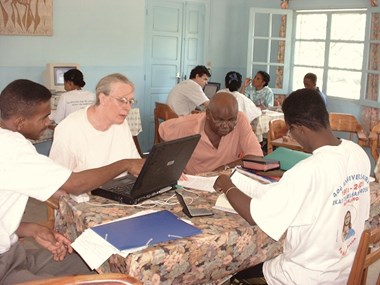 A “discover your language” workshop in Madagascar, where Barnwell worked with translators to  produce the Gospel of Luke in multiple languages, many of which would eventually develop into full New Testaments, 2001