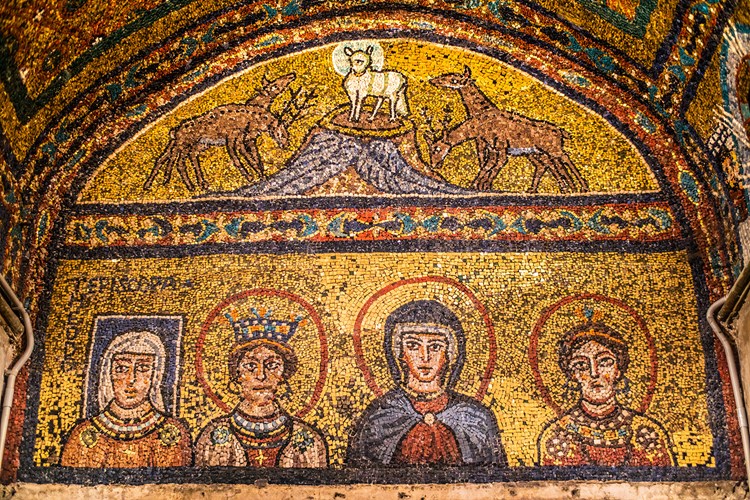 A mosaic in the Chapel of Bishop Zeno of Verona depicts the Lamb of God and below that, four women. They are, from right to left, second-century saint Praxedis, Mary, Praxedis’s sister Pudentiana, and one living person indicated by a square halo. She is named Theodora, believed to be the mother of Pope Paschal I, and above her head is the Greek word episcopa, the feminine form of bishop. Some have argued this was an honorary title only. The feminine ending of her name has also been obscured. Rome — 9th century