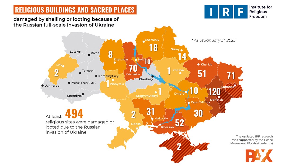The regions of religious sites damaged by Russian military shelling or looting, according to the latest report by the Kyiv-based Institute for Religious Freedom. The regions of religious sites damaged by Russian military shelling or looting, according to the latest report by the Kyiv-based Institute for Religious Freedom.