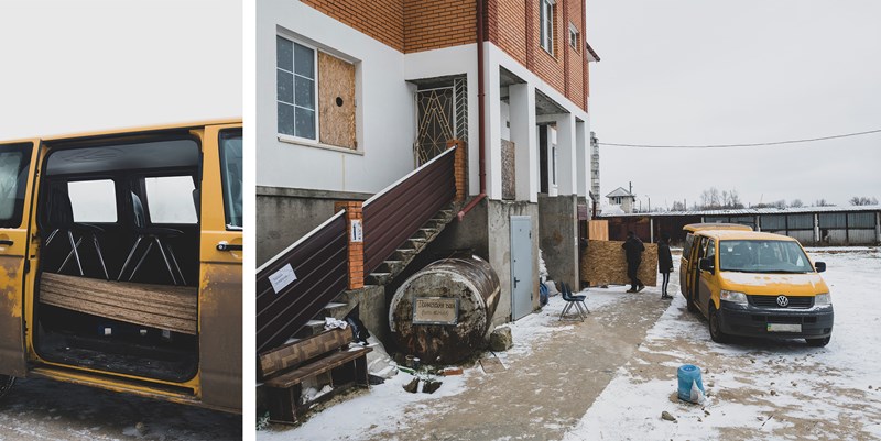 A Ukrainian pastor and volunteers load plywood to board up a church in Kherson’s island community.