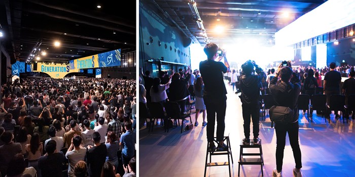 Left: Service at Heart of God venue, Imaginarium. Right: Three Generations serving together as photography trainer, crew, and supervisor.