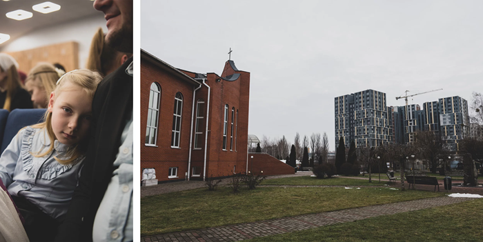 À gauche : Des fidèles participent à une implantation d’église à Vorzel, à l’extérieur de Kiev. À droite : Les rues sont calmes autour de la Salvation Church, dans la banlieue de Kiev, à Vyshneve.