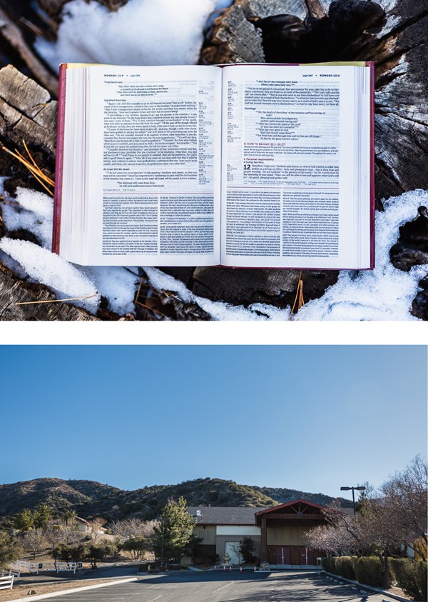 Top: Glenn’s personal Bible. Bottom: Glenn’s church in Wrightwood, California.