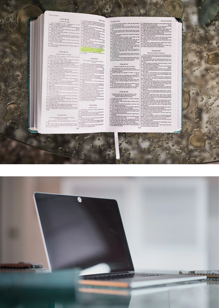 Вгорі: особиста Біблія Тіни Кольняк. Внизу: Тіна бере участь у церковному зібранні онлайн.