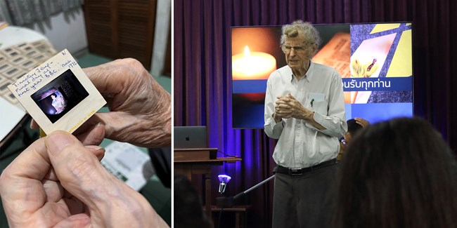 Left: Henry Breidenthal sharing photos from his missionary work. Right: Breidenthal leading prayer at Grace New Life Church in Thailand. 