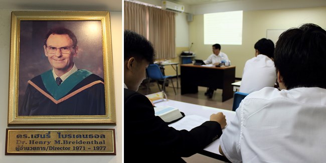 Left: The photo of Breidenthal at Bangkok Bible College (BBC). Right: A class taking place at BBC.