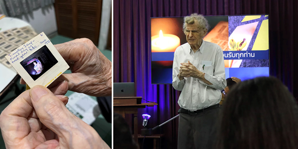 左图：亨利分享他宣教工作的照片。右图：亨利在泰国的恩典新生命教会带领祷告