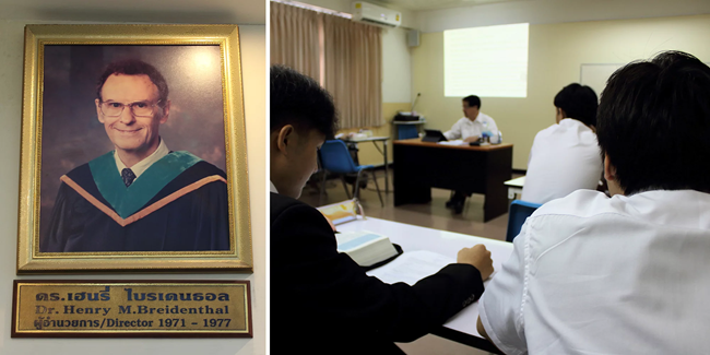 ซ้าย: ภาพของหมอเฮ็นรี่ ไบรเดนธอล ติดที่พระคริสตธรรมกรุงเทพ  ขวา: ชั้นเรียนในพระคริสตธรรมกรุงเทพ