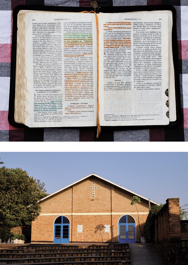 Top: Cedric Kanana’s personal Bible. Bottom: Cedric Kanana’s church in Kigali, Rwanda.