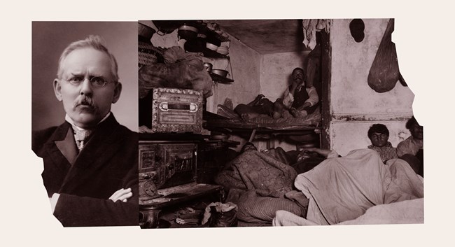 Left Photo: Jacob August Riis circa 1903. Right Photo: Lodgers in a crowded Bayard Street tenement taken in 1889.