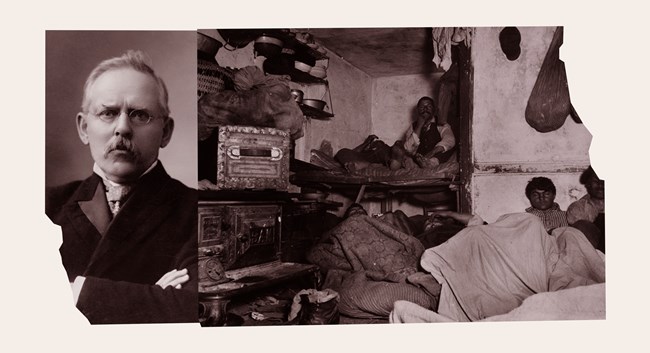 Left Photo: Jacob August Riis circa 1903. Right Photo: Lodgers in a crowded Bayard Street tenement taken in 1889. Left Photo: Jacob August Riis circa 1903. Right Photo: Lodgers in a crowded Bayard Street tenement taken in 1889.