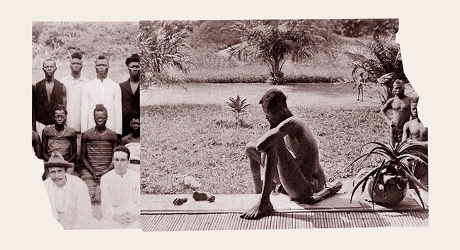 Left Photo: The Reverend John Hoobis Harris (left front) and his wife Alice Seeley Harris (right front) with a group of indigenous people on their visit to the Belgian Congo. Right Photo: Nsala of Wala in Congo looks at the severed hand and foot of his five-year old daughter, 1904.