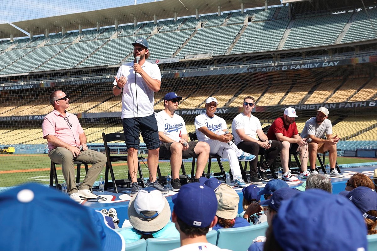 The Dodgers’ Faith and Family Day program included remarks from chaplain and Biola University professor Brandon Cash, pitcher Clayton Kershaw (standing), actor Chris Pratt, manager Dave Roberts, pitcher Evan Phillips, third baseman Max Muncy, and shortstop Chris Taylor.
