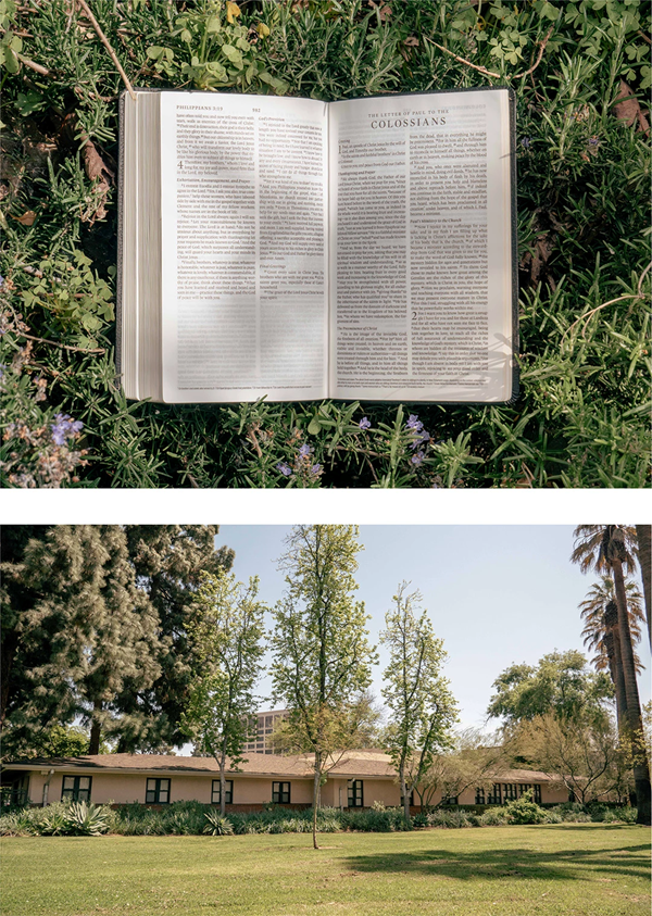 上图：作者弗朗西斯·苏的圣经。下图：苏在加利福尼亚州帕萨迪纳聚会的教会。