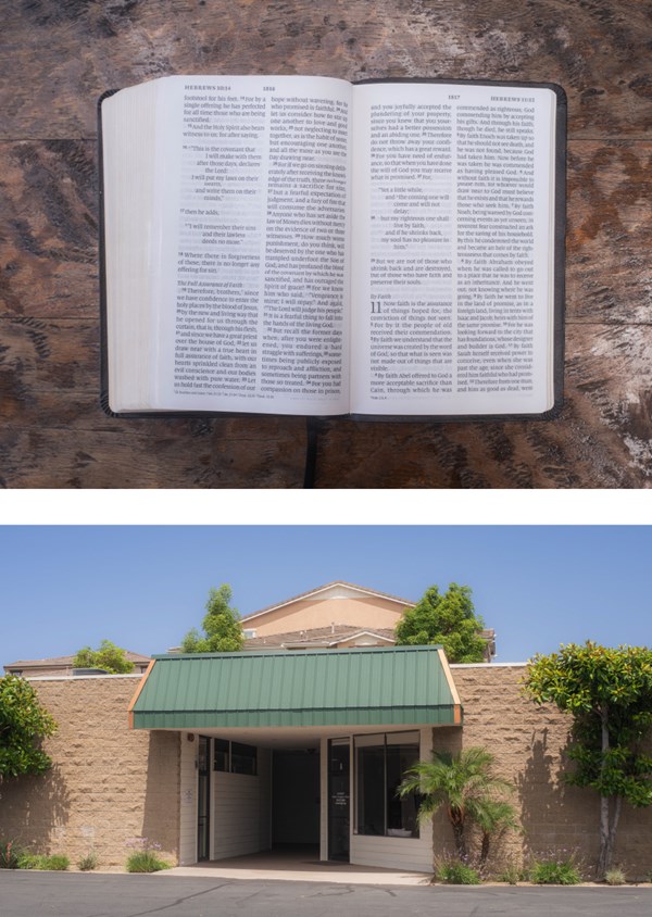 Top: Eric Watkins’s personal Bible. Bottom: Watkins’s church in San Marcos, California.